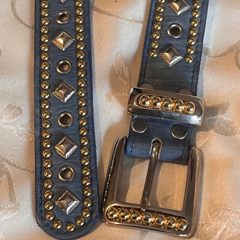Studded Blue Leather Belt with Gold Accents
